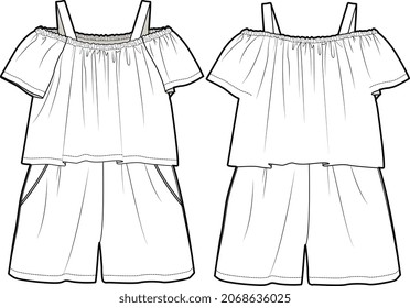 GIRLS AND WOMEN WOVEN AND KNIT TOPS AND LONG DRESSS FALT SKETCH VECTOR