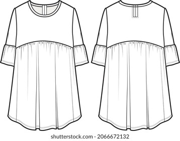 GIRLS AND WOMEN WOVEN TOPS AND DRESSES FLAT SKETCHE VECTOR