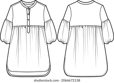 GIRLS AND WOMEN WOVEN TOPS AND DRESSES FLAT SKETCHE VECTOR