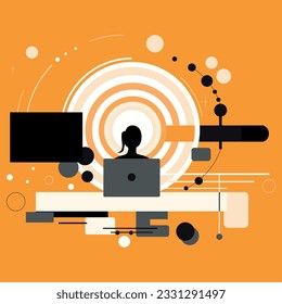 Girls work concept flat vector illustration. Minimalistic characters and abstract geometrical shapes. Coworking and problem solving concept. Businesswomen abstract.