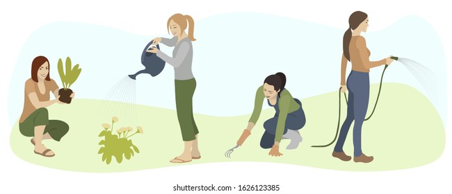 Girls work in the garden realistic style flat vector illustration. Woman cares for garden set.