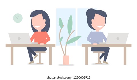 Girls work in the office. Coworking illustration. Working cabinet.