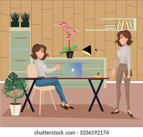
the girls work in the office at the table.