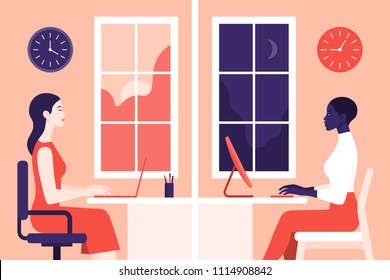 Girls work in the office. Women in profile sit in different rooms. Day and night. Different time zones. Vector Flat Illustration