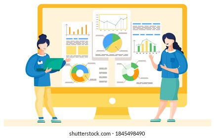 Mädchen arbeiten und analysieren Finanzstatistiken auf dem Hintergrund. Weibliche Angestellte, die tagsüber stehen und kommunizieren. Vermarkter erforschen Informationen über die Metriken. Frauenständer mit Laptop