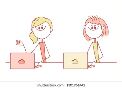 Girls working with computer. Vector