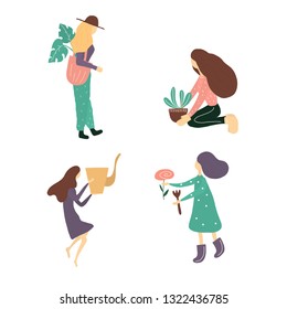 Girls working in the garden vector set illustration