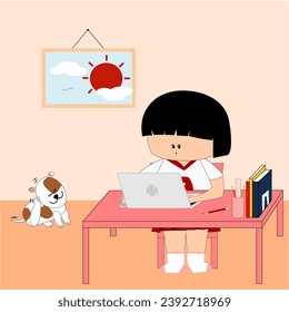 A girl's working with a laptop, and on her desk, she has a ruler and pencil in a pencil holder near books, and a dog is scratching its ears beside her, too.