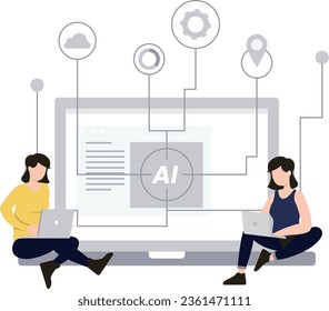 Mädchen arbeiten an künstlicher Intelligenz auf Laptops.