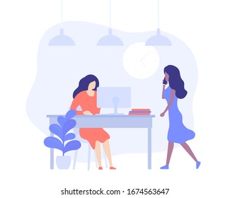 girls working in open office space, vector illustration