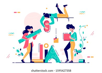 Girls working in team vector illustration. Women fold constructions collectively flat style design. Teamwork, teambuilding and business partnership concept