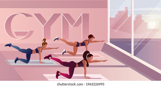 Girls are workout yoga pilates in the fitness gym. Vector illustration for landing page layout or advertising banner design.