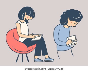 Las chicas escriben en un cuaderno.  Ilustración vectorial al estilo de las caricaturas.