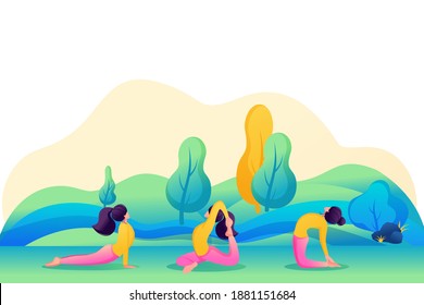 Girls in yoga school, engaged in nature, in the Park, in the forest. Flat 2D Web design.