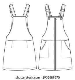 Girls Zip Front Pinafore fashion flat sketch template. Kids Jumper Dress Technical Fashion Illustration. Shank Strap Closure. Slanted Pockets