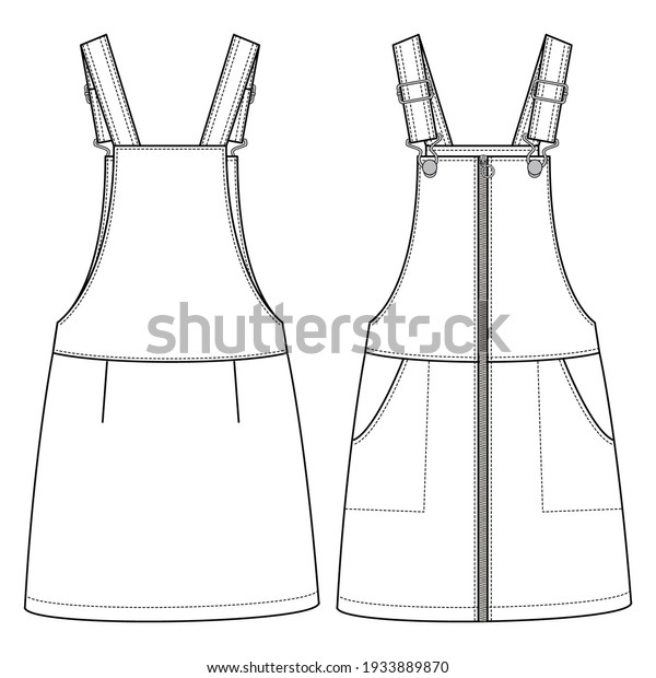 Girls Zip Front Pinafore fashion flat sketch\
template. Kids Jumper Dress Technical Fashion Illustration. Shank\
Strap Closure. Slanted\
Pockets