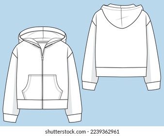 Girls Zip Hoodie Hooded Fashion Technical Flat Sketch Cad Design Mock Up