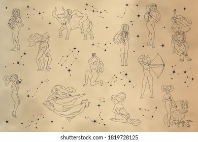 Girls Zodiac Signs Set. Women Silhouettes As Zodiac Symbols. Outline Vector Collection. Illustration with Astrological Concept. Design Elements For Horoscope, Logotypes, Icons, Prints.