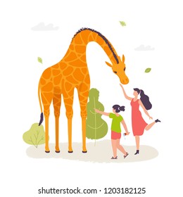 Girls in the zoo interacting with the giraffe vector illustration in flat design. Giraffe cartoon character isolated on white background.