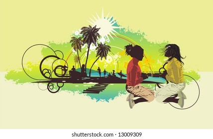 girls,palm trees on a beach