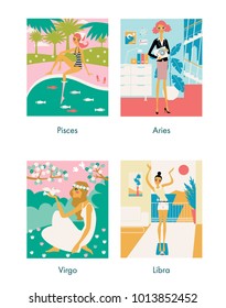 Girls's horoscope set of pisces, aries, virgo and libra signs. Vector illustration