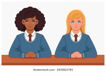 Girls-students sitting at the desk. Teenage children in school costumes at the lesson. Vector. The concept of learning, work, getting a profession. 