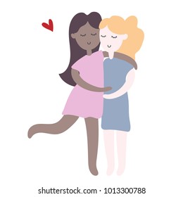 Girlswomen gay couple hugging each other. Smiling happy faces. Hand drawn vector illustration