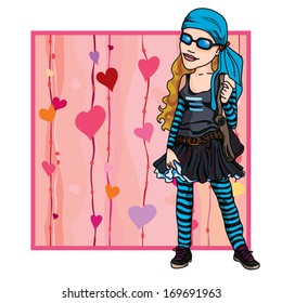 girl-teenager in a fashionable clothing on a background from waves and hearts.