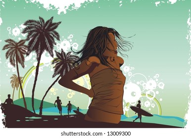 girl,tropical island, palm trees on a beach