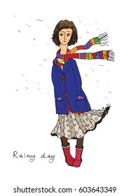 Girl-under-the-spring-rain-In-a-coat

