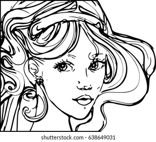Girl.Vector graphics. Drawing by hand. The girl looks at you. A sketch. Long hair.