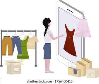 Girl,woman chooses, buys clothes on phone.  Rack with clothes, boxes, bags with clothes. Concept for business, online sales, clothing store, clothing delivery, mobile application, online shopping