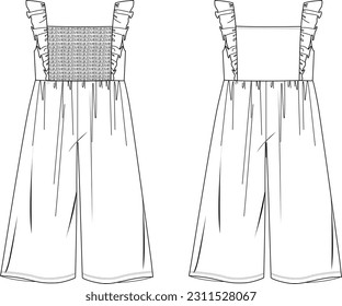 girl,women jumpsuit shirred detail technical drawing. Wide leg detail	
