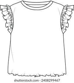 girl,women,ruffle sleeve,lettuce edge hem,top,tshirt,fashion vector,cad	