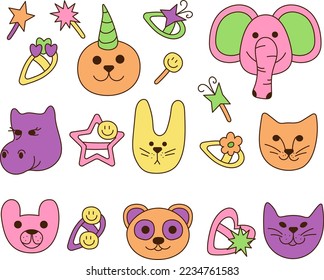 Girly 90s set. Cute and groovy girly set with hairpins and animal faces. Cartoon doodle vector illustration.
