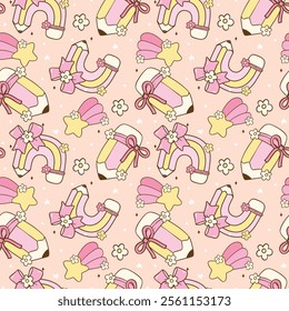 Girly Back to School Pencil Rainbow with Bow Seamless Pattern Cute Coquette School Supplies Hand Drawn isolated on background