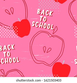 Girly back to school seamless pattern with apple image on a pink background with scratch texture. Abstract repeating design with education symbols and objects for a class poster or teacher card.