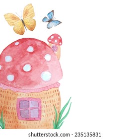 Girly background with magical house and butterfies. Fairytale mushroom house. Watercolor hand drawn baby illustration. Vector artwork