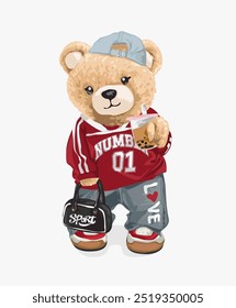 girly bear doll in sport jesey and holding boba tea vector illustration