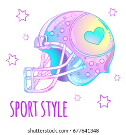 Girly beautiful high-detailed rugby helmet. Vector illustration in pink pastel colors. Sport style design.