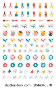 Girly beauty and health sticker pack. Collection of sticker illustrations for planner. Manicure, makeup, doctor, etc. Vector hand-drawn in simple cartoon style. The limited palette.