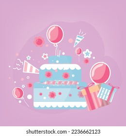 girly birthday cake and ornament. suitable for kids birthday card. vector illustration eps 10