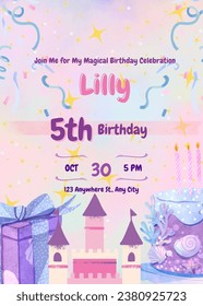 Girly Birthday invitation in purple and pink for kids.It can be customized with your kids’ name , age and date of birth.