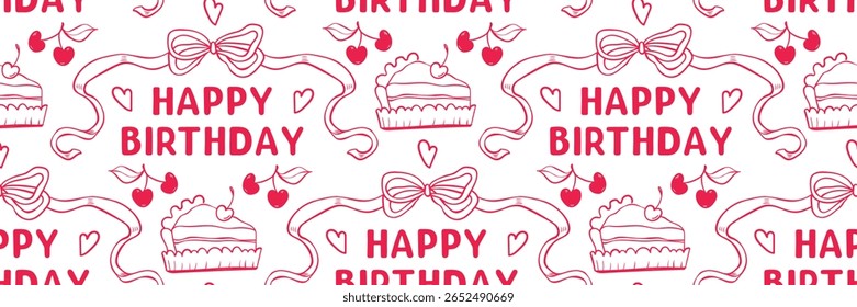 Girly birthday pink doodle pattern with ribbon, bow, cherry and cake slice. Minimal and cute birthday background. Ideal for packaging, wrapping, party. Trendy outline vector illustration.