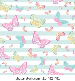 Girly Butterfly Pattern, Seamless Vector Background. Cute Spring Wallpaper.