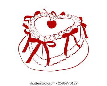 Girly cake heart shape of hand drawn line art style. Coquette cute birthday sweets with bow and ribbon for Birthday and Valentine day invitations templates. Doodle outline vector illustration