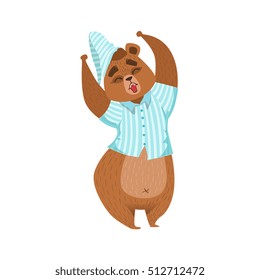 Girly Cartoon Brown Bear Character In Pyjamas Stretching And Yawning Illustration