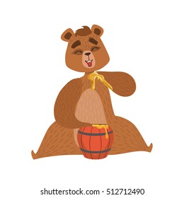 Girly Cartoon Brown Bear Character Eatin Honey With Paw From The Wooden Barrel Illustration