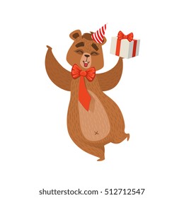 Girly Cartoon Brown Bear Character Wearing Party Hat And Bow On The Neck Holding A Gift Illustration