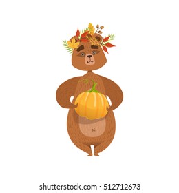 Girly Cartoon Brown Bear Character Holding Pumpkin And Wearing Fallen Leaves Chaplet Illustration